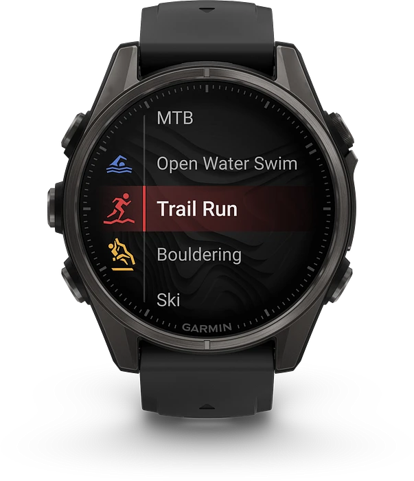 Garmin Fenix 8 - 010-02903-21 - 43 mm, AMOLED Sapphire, Carbon grey DLC-titanium met zwarte/pebble grey siliconen band Garmin Fenix 8 - 010-02903-21 - 43 mm, AMOLED Sapphire, Carbon grey DLC-titanium met zwarte/pebble grey siliconen band