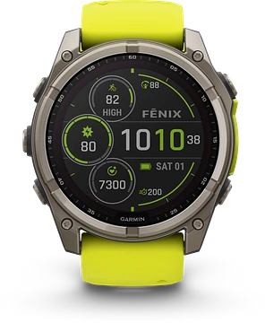 Garmin Fenix 8 - 010-02907-21 - 51 mm, Solar, Sapphire Sapphire, Titanium met Amp Yellow/graphite siliconen band