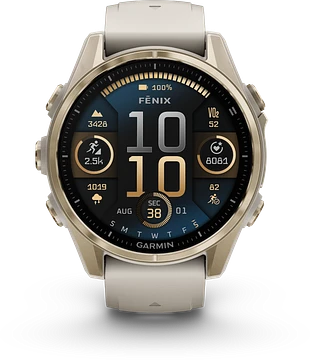 Garmin Fenix 8 - 010-02903-11 - 43 mm, AMOLED Sapphire, Soft Gold met Fog grey/dark sandstone siliconen band