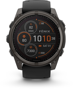 Garmin Fenix 8 - 010-02907-11 - 51 mm, Solar, Sapphire Sapphire, Carbon grey DLC-titanium met zwarte/pebble grey siliconen band