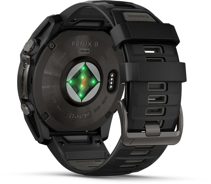Garmin Fenix 8 - 010-02907-11 - 51 mm, Solar, Sapphire Sapphire, Carbon grey DLC-titanium met zwarte/pebble grey siliconen band