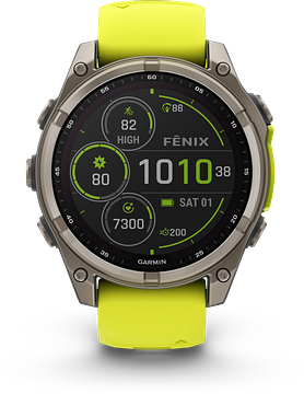 Garmin Fenix 8 - 010-02906-21 - 47 mm, Solar, Sapphire Sapphire, Titanium met Amp Yellow/graphite siliconen band