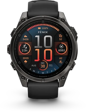 Garmin Fenix 8 - 010-02904-21 - 47 mm, AMOLED Sapphire, Carbon grey DLC-titanium met zwarte/pebble grey siliconen band