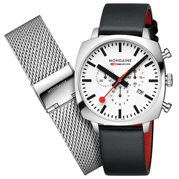 Mondaine Grand Cushion Chro MSL.41410.LBV Vegan Zwart 41mm + extra mesh band