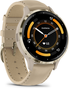 Garmin Venu® 3S 010-02785-55 Soft  rand van roestvrij staal met French Grey behuizing en leren band