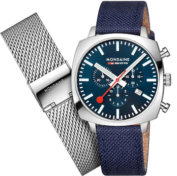 Mondaine Grand Cushion Chro MSL.41440.LD Textiel Blauw 41mm + extra mesh band