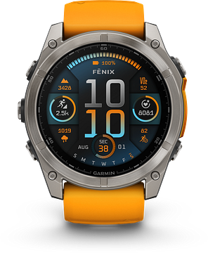 Garmin Fenix 8 - 010-02905-11 - 51 mm, AMOLED Sapphire, Titanium met Spark orange/graphite siliconen band