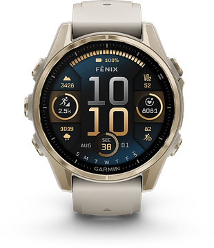 Garmin Fenix 8 - 010-02903-11 - 43 mm, AMOLED Sapphire, Soft Gold met Fog grey/dark sandstone siliconen band