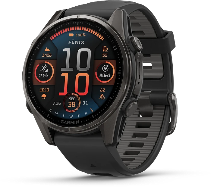 Garmin Fenix 8 - 010-02903-21 - 43 mm, AMOLED Sapphire, Carbon grey DLC-titanium met zwarte/pebble grey siliconen band Garmin Fenix 8 - 010-02903-21 - 43 mm, AMOLED Sapphire, Carbon grey DLC-titanium met zwarte/pebble grey siliconen band
