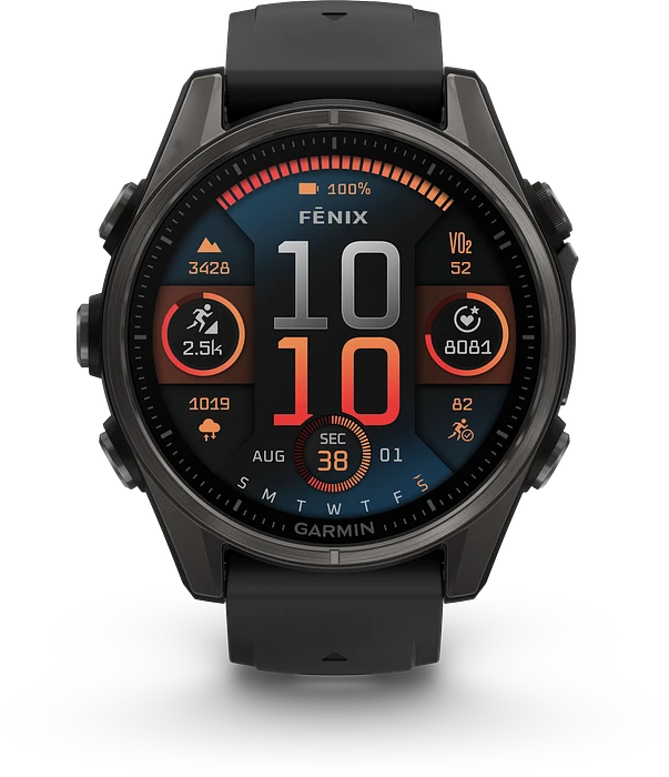 Garmin Fenix 8 - 010-02903-21 - 43 mm, AMOLED Sapphire, Carbon grey DLC-titanium met zwarte/pebble grey siliconen band Garmin Fenix 8 - 010-02903-21 - 43 mm, AMOLED Sapphire, Carbon grey DLC-titanium met zwarte/pebble grey siliconen band