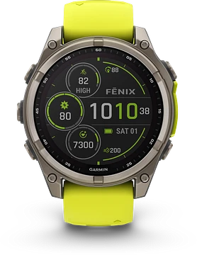 Garmin Fenix 8 - 010-02906-21 - 47 mm, Solar, Sapphire Sapphire, Titanium met Amp Yellow/graphite siliconen band