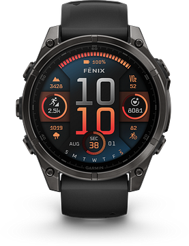 Garmin Fenix 8 - 010-02904-21 - 47 mm, AMOLED Sapphire, Carbon grey DLC-titanium met zwarte/pebble grey siliconen band