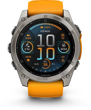 Garmin Fenix 8 - 010-02905-11 - 51 mm, AMOLED Sapphire, Titanium met Spark orange/graphite siliconen band