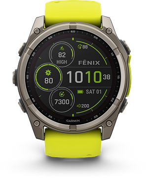 Garmin Fenix 8 - 010-02907-21 - 51 mm, Solar, Sapphire Sapphire, Titanium met Amp Yellow/graphite siliconen band